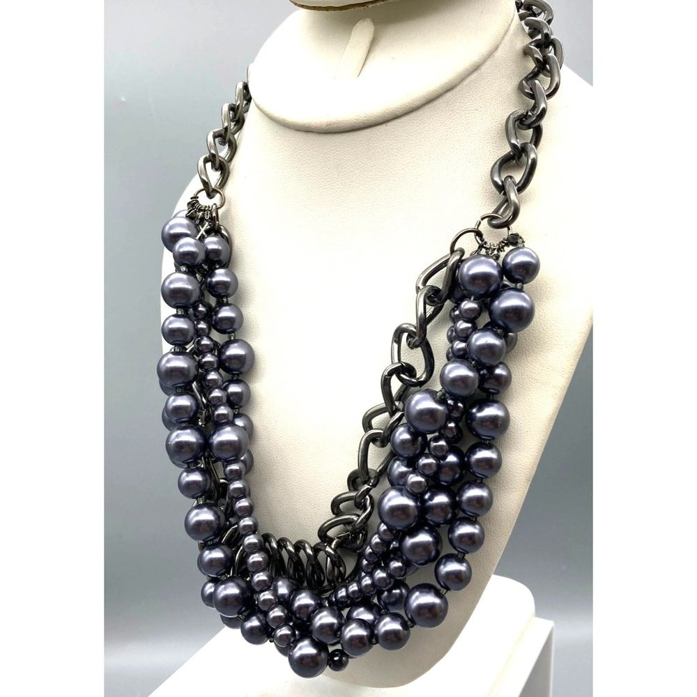 Fabulous Multi Strand Glass Pearl and Chunky Chain Twist Necklace, Lustrous